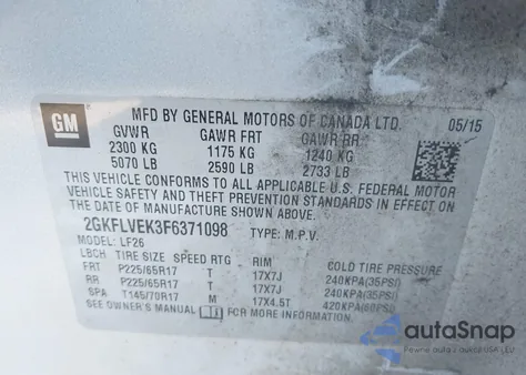 2015 GMC Terrain Sle-1 из США, поврежденный, VIN 2GKFLVEK3F6371098